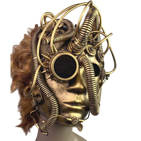 Steampunk Mask Gold Goggles Gears Costume Masquerade‎ Cosplay Full Face - Picture 2 of 10